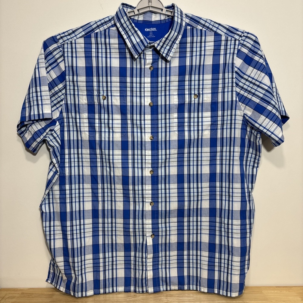 KingSize Men's 3XL Big Short Sleeve Blue White Plaid Button Down Shirt Cotton